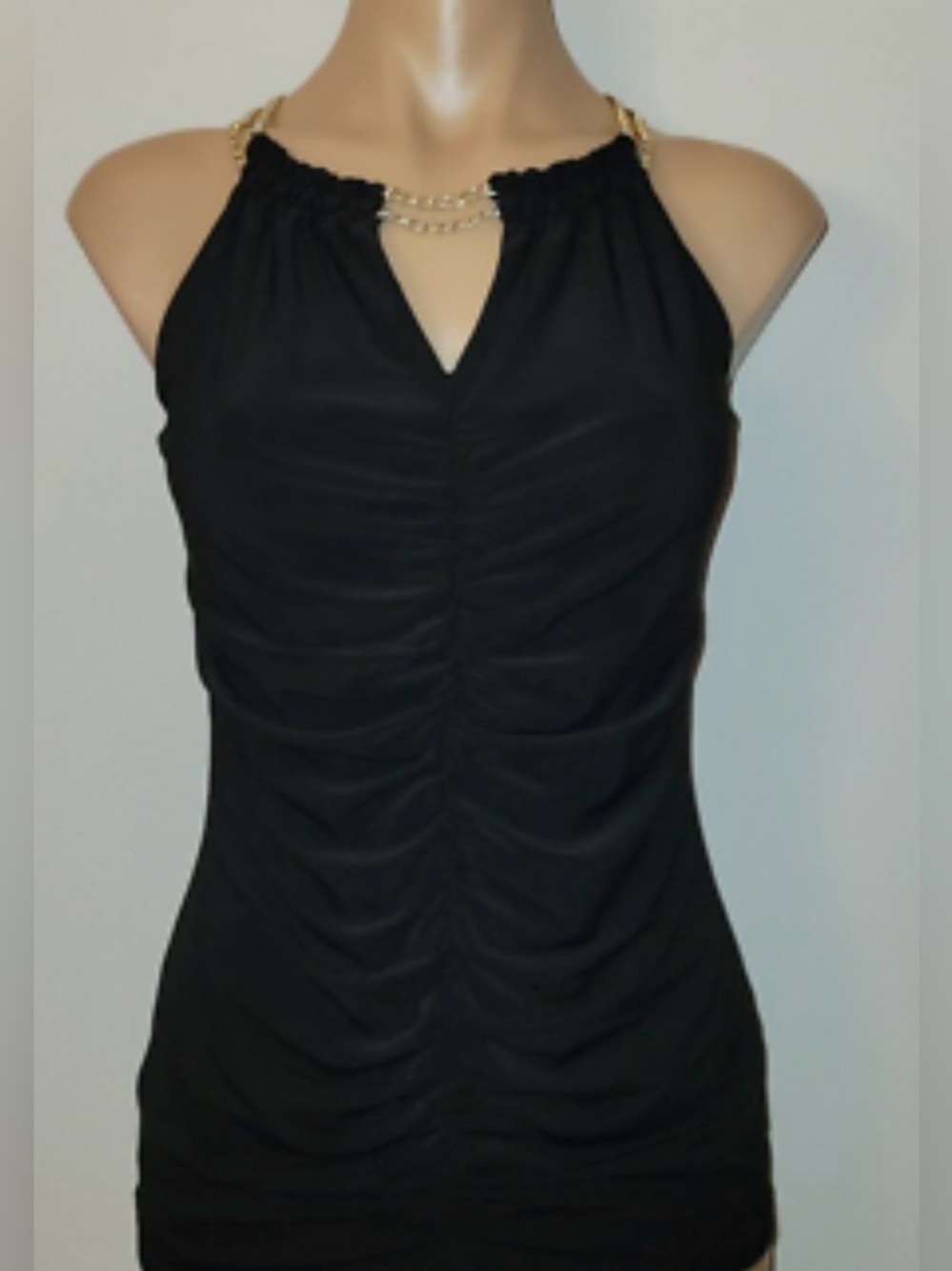 White House Black Market Black Gold Chain-Strap Ruched Halter Top XS